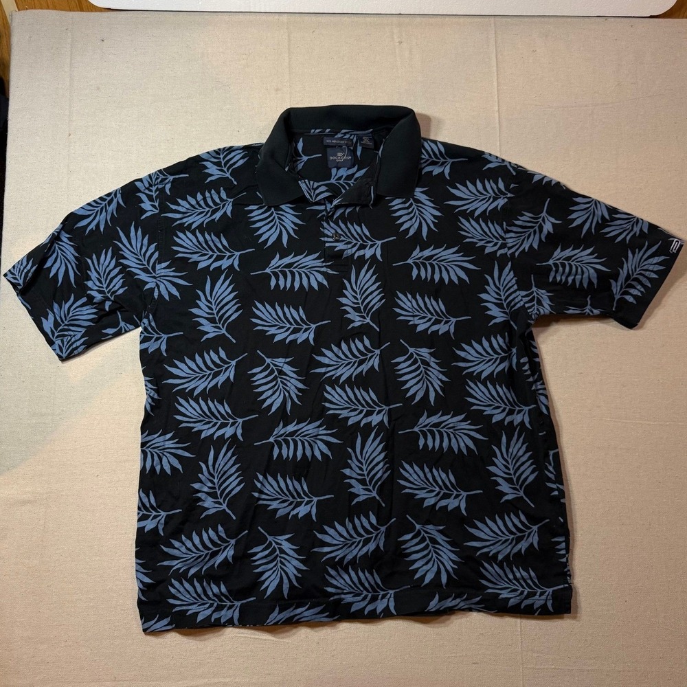 Dockers Golf Polo Shirt • Tropical Resort Style • Black/Blue Leaf Print • SizeXL